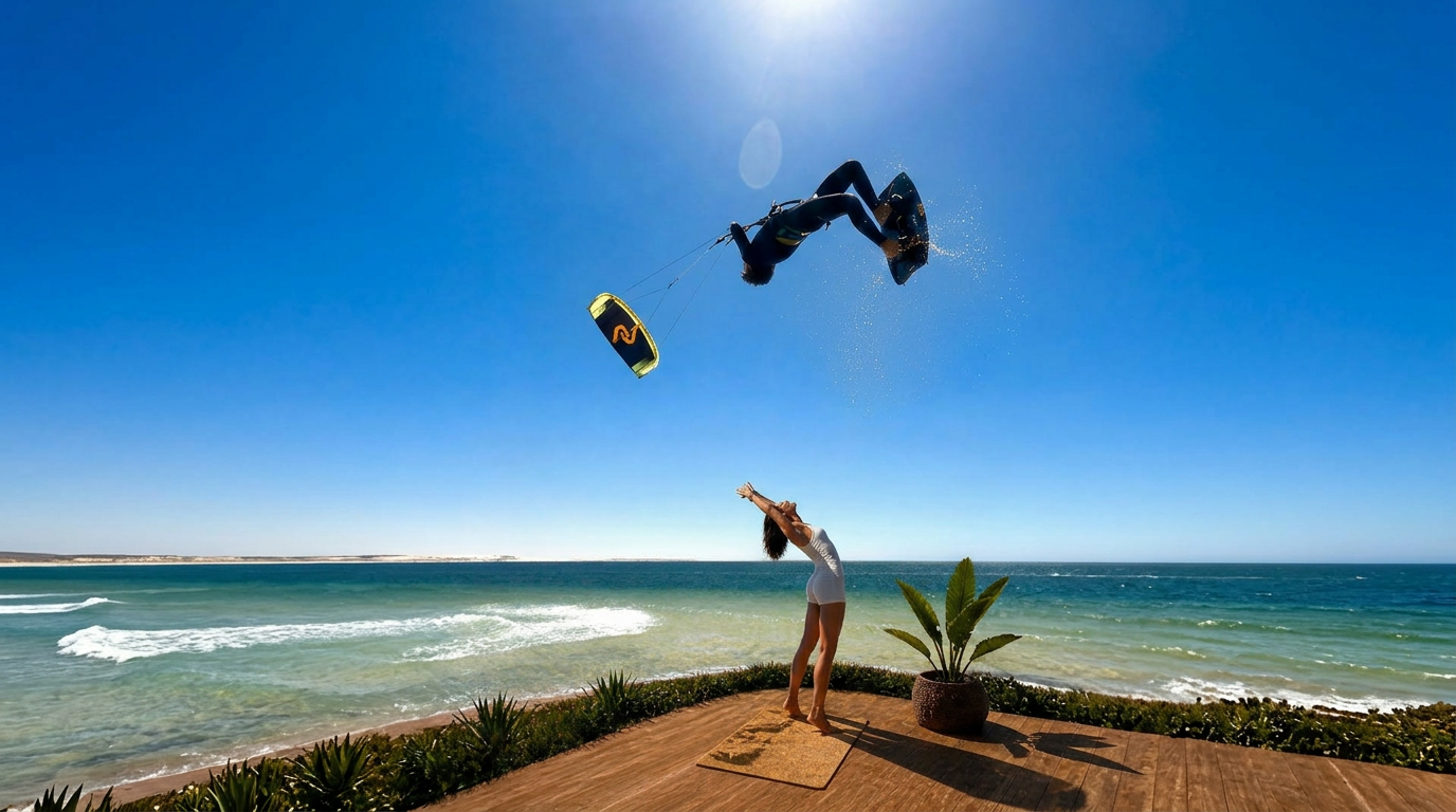 Pilates vista mare con kite e kiter in aria
